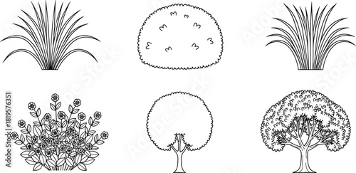 Set of Hand Drawn Garden Plant Icons, Black and White Outline Sketch, Bush, Tree, Grass, Shrub, Floral Element, Vector Illustration Collection, Simple Landscaping Graphic Design Element.