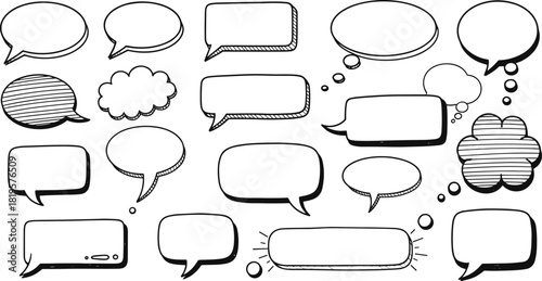 Mega Set of Hand Drawn Doodle Speech Bubbles, Black and White Sketch Comic Style, Cloud Text Balloon Shapes, Outline Chat Box, Communication, Design Elements, Vector Illustration Collection, Isolated.
