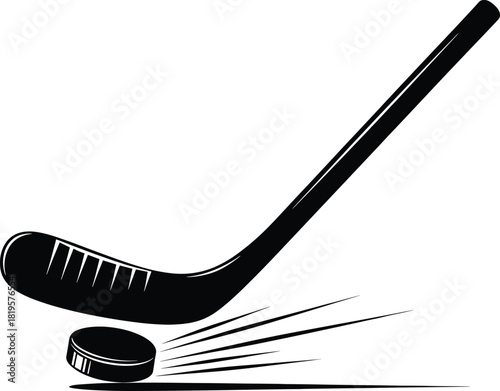Black hockey stick hitting puck with motion lines sport, hockey, stick, puck, sport, game, ice hockey, black, white, silhouette, motion, speed, action, play, equipment, athletic, competition, team, wi