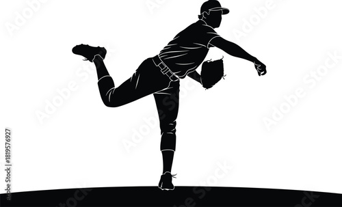 Black silhouette of a baseball pitcher throwing a ball, baseball, pitcher, silhouette, black and white, sport, action, throwing, motion, athlete, game, baseball player, uniform, cap, glove, baseball f