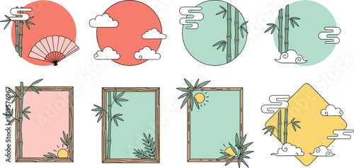 Traditional East Asian Bamboo Nature Frame Set, Japanese Korean Chinese Minimalist Backgrounds, Pastel Colors, Clouds, Sun, Hand Fan, Vertical and Circle Shape Templates, Vector Collection.