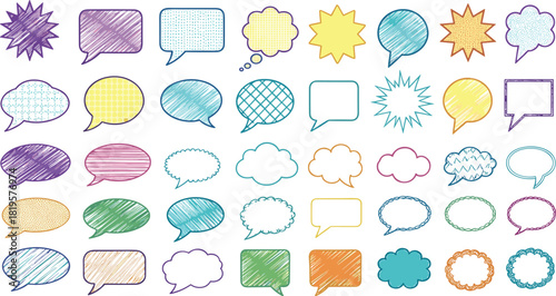 Mega Set of Hand Drawn Doodle Speech Bubbles, Sketch Comic Style, Cloud Text Balloon Shapes, Colorful Textured Hatching, Chat Box, Communication, Design Elements, Vector Illustration Collection.
