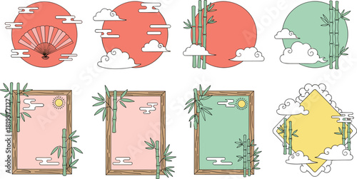 Traditional East Asian Bamboo Frame Set, Japanese Korean Chinese Nature Backgrounds, Minimalist Moon, Clouds, Sun, Fan, Vertical and Circle Shape Templates, Vector Graphic Design Collection.