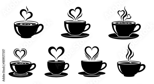 Elegant steaming beverage cups with heart-shaped steam depicting warmth and love hot drink collection for cafe or home use