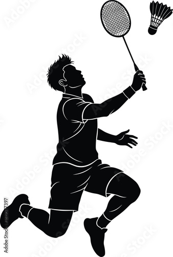 Black silhouette of a male badminton player jumping to hit shuttlecock, badminton, player, silhouette, male, sport, action, jumping, hitting, shuttlecock, racket, athletic, dynamic, movement, competit
