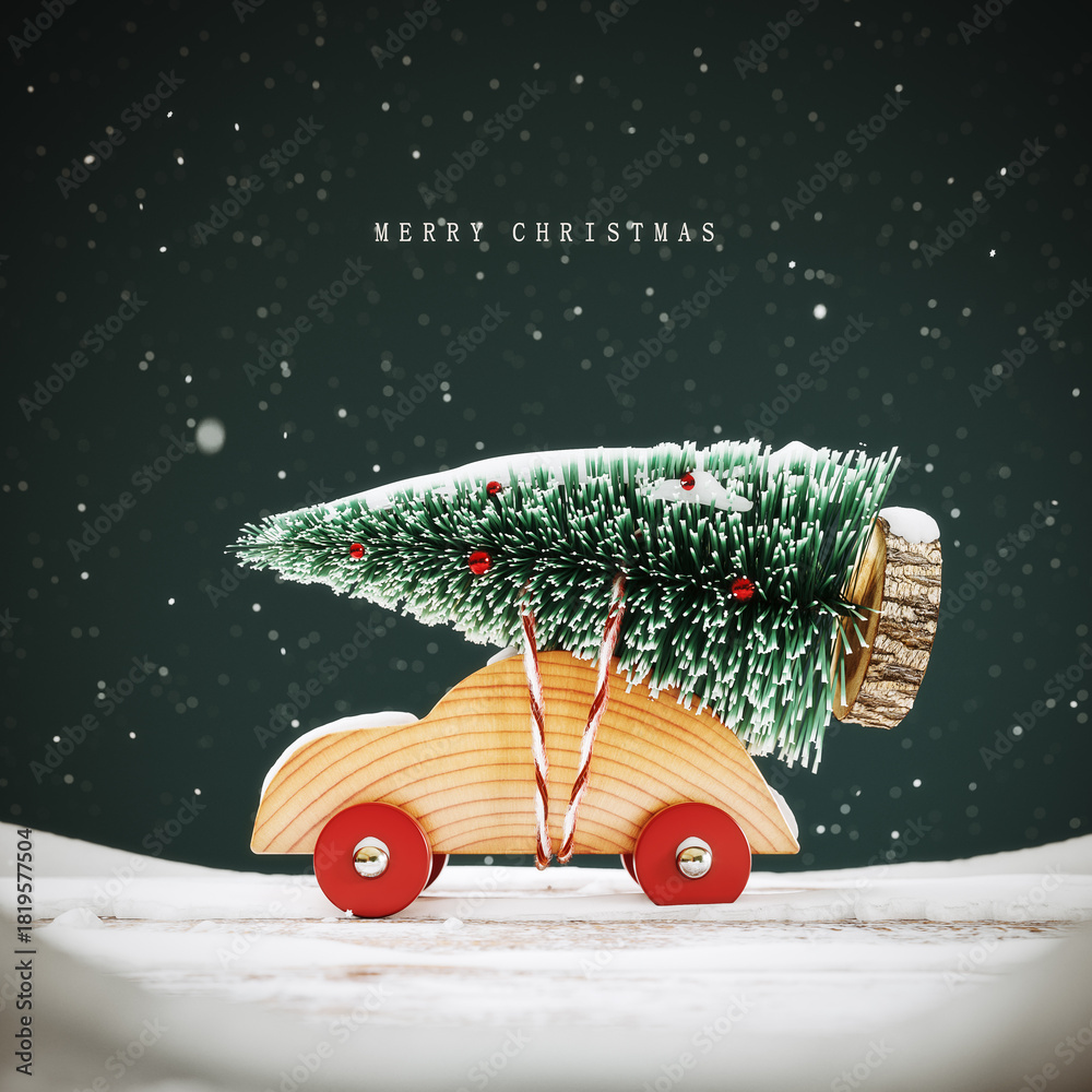 Naklejka premium Christmas greeting card design with text. Cute wooden toy car carrying fir tree on the roof. 3D Rendering, 3D Illustration