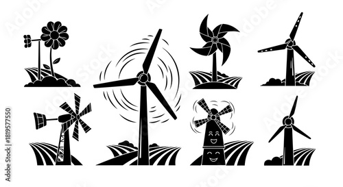 Collection of eight black and white wind energy concepts featuring various windmills and a flower, set in different landscapes, symbolizing renewable power and natural elements