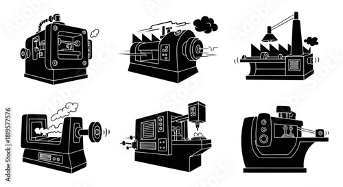 Industrial manufacturing cnc machine black silhouette vector illustration set, heavy equipment technology with smoke coming out from top, steel factory machinery processing industry concept