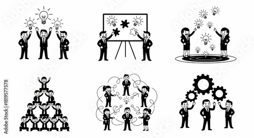 Business people standing with glowing light bulbs above their heads illustrating creativity, teamwork, and problem-solving, men and women developing business strategies