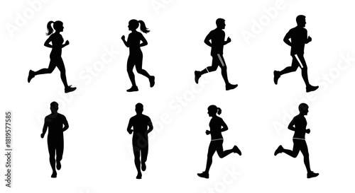 Silhouettes of people running, diverse group of men and women engaged in jogging and healthy lifestyle, various poses for fitness and exercise themes