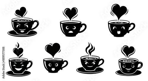 Funny coffee cups with different facial expressions and steaming hearts, cute hot beverage mugs with happy and sad emotions, charming collection for cafe concepts