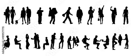 Large collection of 38 people silhouettes - walking, sitting, talking, interaction.