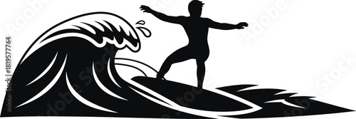 Black silhouette of a surfer riding a wave surfing, surfing, surfer, wave, ocean, sea, water, sport, extreme sport, action, silhouette, black and white, graphic, illustration, design, vector, dynamic,