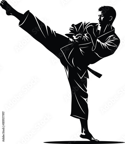 Black silhouette of man performing high kick in martial arts, karate, martial arts, kick, fighter, silhouette, black and white, action, sport, combat, training, discipline, strength, power, dynamic, m