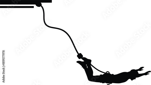 Black silhouette of person bungee jumping from platform, bungee jumping, silhouette, person, jumping, extreme sport, adventure, thrill, freefall, action, dynamic, motion, speed, freedom, risk, adrenal