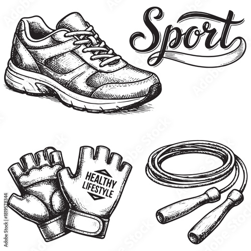 Hand Drawn Sport & Fitness Set: Running Shoe, Jump Rope, Gym Gloves & Lettering