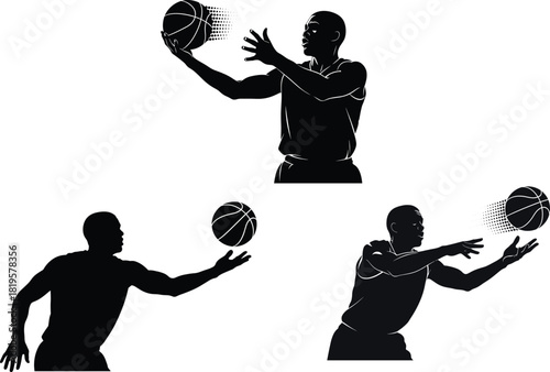Black silhouettes of basketball players in action white, basketball, player, silhouette, black, white, sport, game, action, motion, dynamic, athletic, male, person, ball, dribbling, shooting, passing,