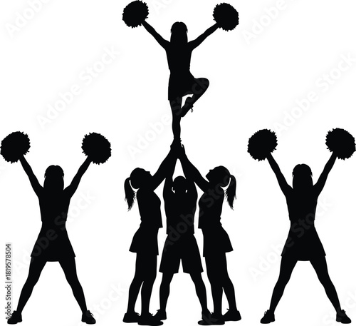 Cheerleaders performing a pyramid formation with pom poms, cheerleading, cheerleaders, team, sport, athletic, performance, pyramid, formation, stunt, acrobatic, jump, dance, competition, school spirit