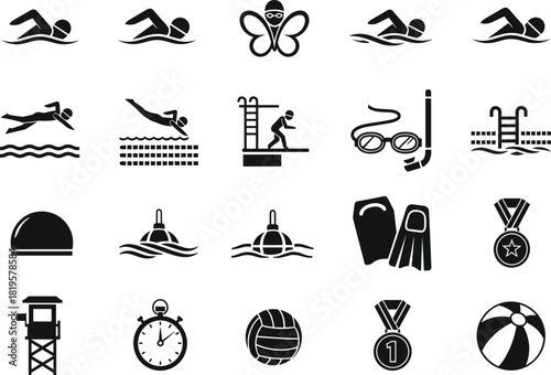 Collection of black and white swimming and beach icons, swimming, swimmer, pool, water, sport, competition, race, diving, goggles, snorkel, fins, flippers, swim cap, lifeguard, stopwatch, volleyball, 