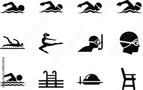 Collection of black silhouette icons for swimming and water sports, swimming, swimmer, water, waves, pool, diving, snorkel, goggles, swim cap, ballet dancer, leap, chair, lifeguard chair, pool ladder,