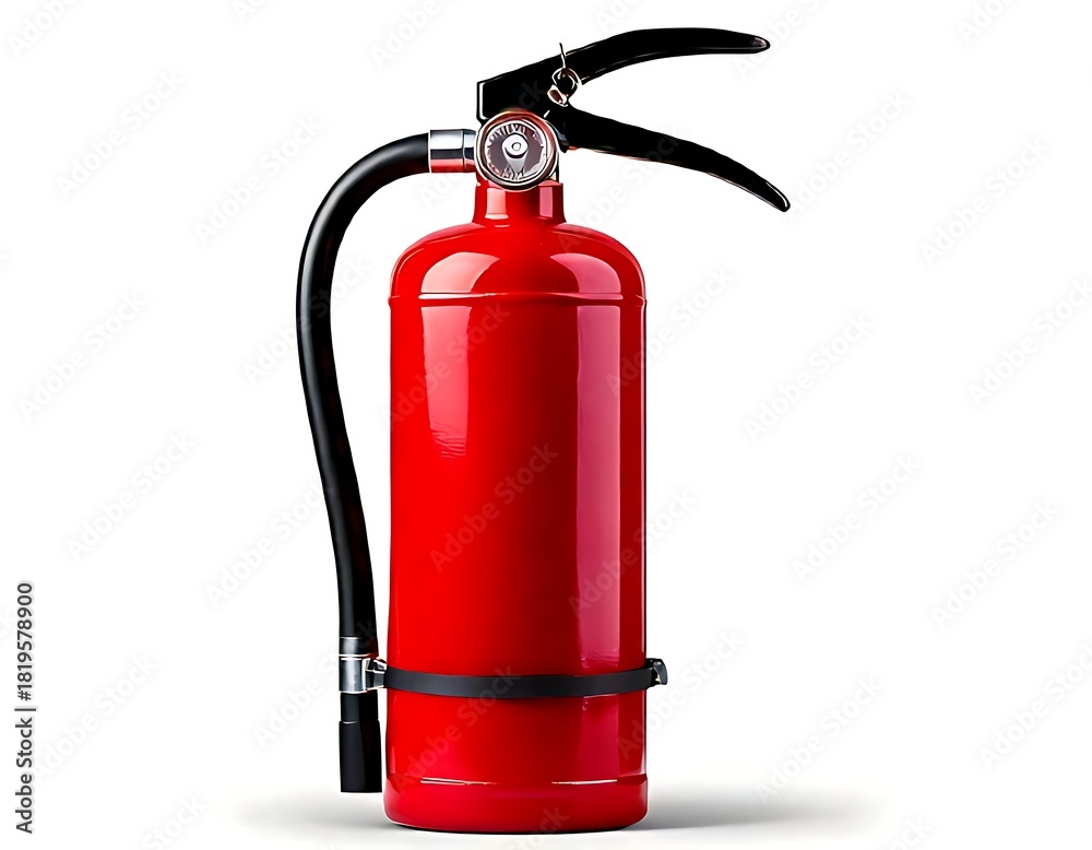 Fototapeta premium An essential item of safety gear, a bright red fire extinguisher, sits conspicuously erect against a clear
