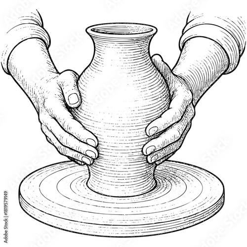 Hands shaping a vase on a pottery wheel. Potter's wheel, ceramic sketch vector illustration isolated on transparent background