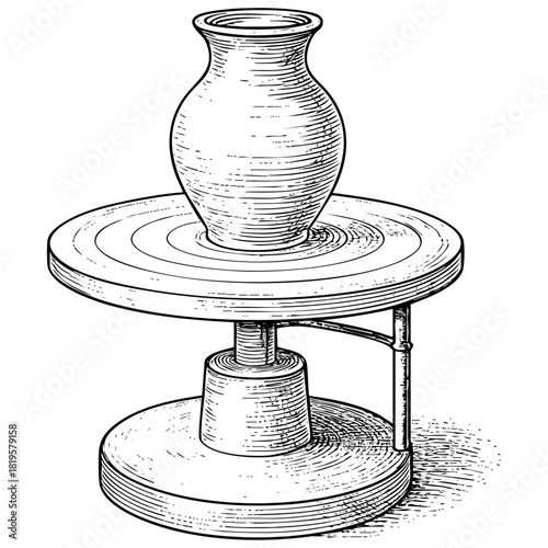 Potter's wheel with a clay vase on top, sketch illustration. Pottery vector design, ceramic illustration isolated on transparent background