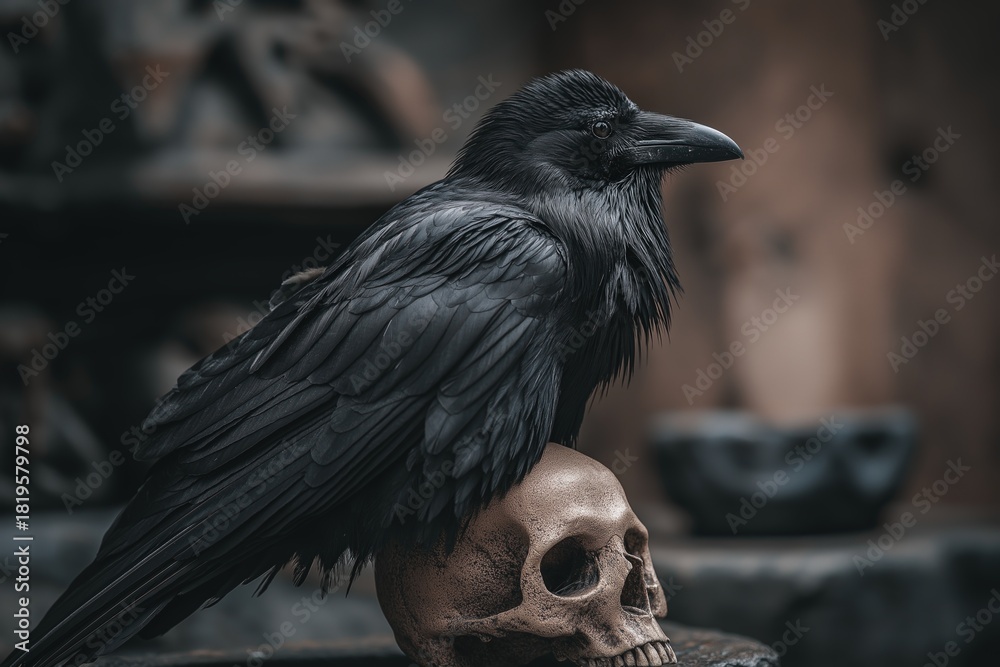 Obraz premium Raven Perched on Human Skull Dark Portrait