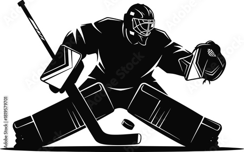 Hockey Goalie in a Defensive Stance with Puck and Stick, hockey, goalie, goaltender, ice hockey, sport, player, equipment, mask, stick, puck, defense, protection, action, silhouette, black and white, 
