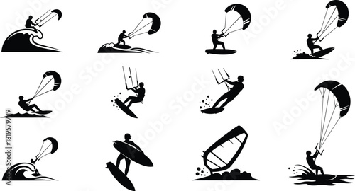 Kiteboarding and Windsurfing Silhouettes on Water sport, kiteboarding, windsurfing, silhouette, water sport, extreme sport, action, recreation, activity, sport, ocean, sea, waves, board, kite, sail, p