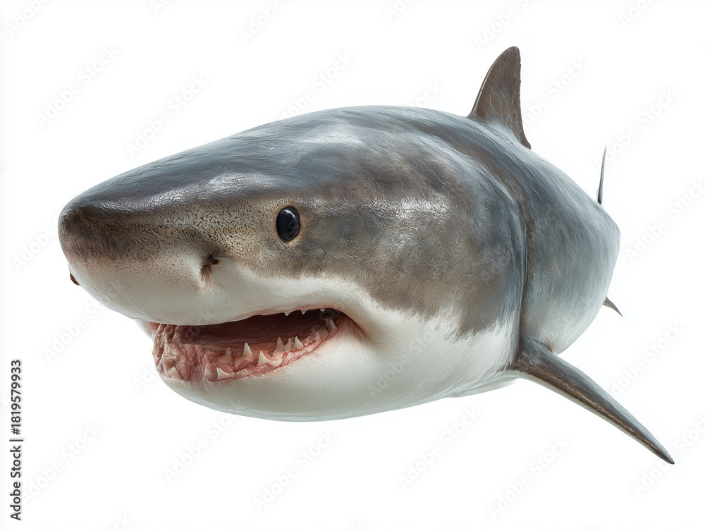 Naklejka premium Great white shark showing powerful teeth on white background