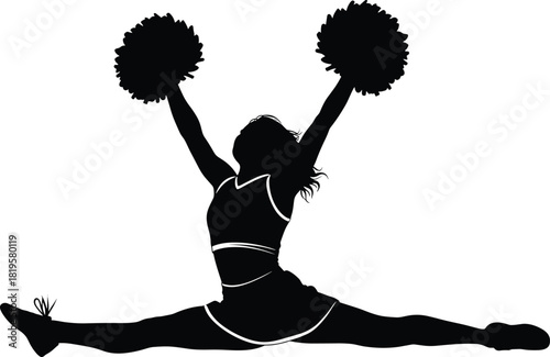 Silhouette of cheerleader in split with pom poms raised, cheerleader, silhouette, pom, split, dance, sport, action, energy, movement, performance, cheerleading, uniform, skirt, athletic, female, woman