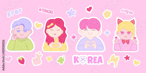 Cute K-pop sticker set in chibi style. Korean phrases, pastel colors. Perfect for prints, digital stickers, planners, and K-pop lovers. Korean phrases (사랑해) — I love you