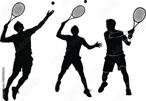 Three black silhouette tennis players in action on white background, tennis, player, sport, silhouette, black and white, action, serving, hitting, racket, ball, male, athlete, game, competition, movem