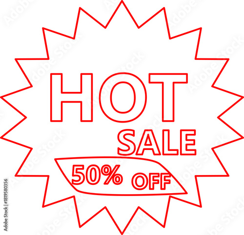 A red starburst icon advertising a 'Hot Sale' with a fifty percent off discount for retail promotions.
