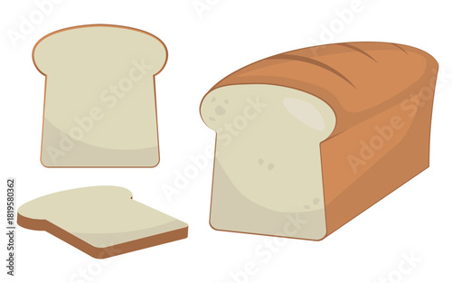 Loaf of Bread with Two Slices - Upright and Lying Flat. Ideal for Bakery, Breakfast, or Food-Related Themes. Illustration, Vector.