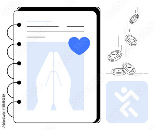 Notebook featuring clasped hands, heart, falling coins, and movement icon symbolizing prayer, kindness, charity, gratitude, spirituality, generosity and mindfulness in a simple flat metaphor