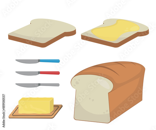 Bread, Butter, and Knives - Illustration of Lying Flat Bread Loaf, Slice with Butter, and Knives. Ideal for Breakfast, Kitchen, or Sandwich Concepts.