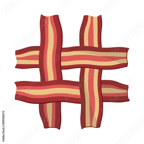 Creative Bacon Strips Intertwined to Form a Hashtag. Ideal for Social Media, Food, and Breakfast-Themed Content. Illustration, Flat Design, Vector. Top View.