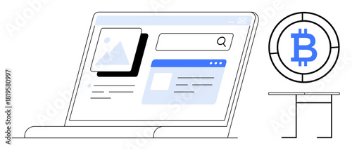 Laptop showcasing web interface with pages, search bar, and analytics beside Bitcoin coin on a slim stand. Ideal for finance, cryptocurrency, technology, investment, blockchain, web design