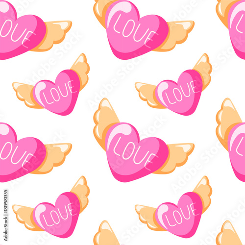 Seamless pattern with pink heart with wings and the word love in flat style. Perfect for valentines and romantic design card, wallpaper.