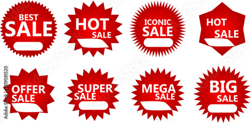 A collection of eight red starburst sale stickers with various promotional texts on a white background.
