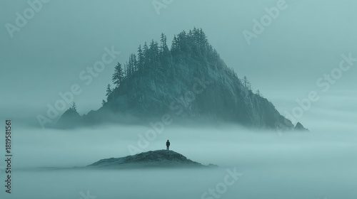A person standing on the cliff and enjoying the view of the mountain covered by the fog