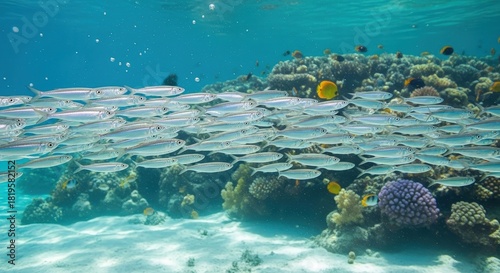 Fototapeta Naklejka Na Ścianę i Meble -  Bright sunny day underwater school of small silvery fish swimming over coral reef with sandy seabed