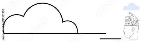 Large cloud with minimal lines connected to a human head sprouting flowers. Ideal for creativity, imagination, innovation, mental health, mindfulness, sustainability, inspiration, simple flat