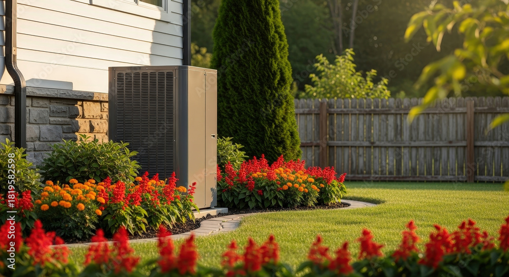 Naklejka premium Modern air conditioning unit outside a house with colorful flowers and green lawn under bright golden sunlight