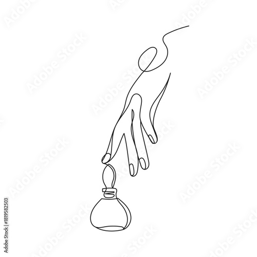 Minimalist one line drawing of hand delicately holding perfume bottle. Vector illustration for use in cosmetic branding, skincare and beauty packaging, posters, social media.