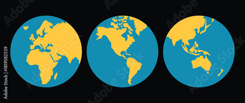 Flat vector illustration of three world maps showing different continents on blue and yellow globes. Perfect for geography, education, and travel design projects. Clean and modern global concept art.