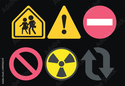 Collection of  warning and prohibition signs on a black background. Includes safety, radioactive, and traffic symbols for education or design use. Perfect for hazard awareness graphics.