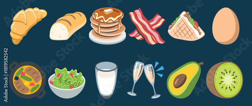  vector illustration of assorted breakfast foods including croissant, bacon, pancakes, egg, and avocado on a blue background. Perfect for cafe menus, nutrition, and culinary designs. Fresh, 